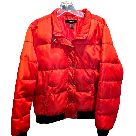 Forever 21 Large Red Women's Puffer Coat Jacket Misses Size L 12 14 - Picture 2 of 5